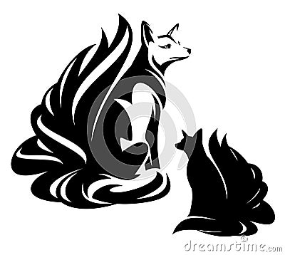 Mythical asian fox spirit with nine tails black and white vector outline Vector Illustration