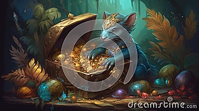 Mythical creature with a treasure hoard. Fantasy concept , Illustration painting Stock Photo