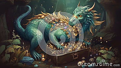 Mythical creature with a treasure hoard. Fantasy concept , Illustration painting Stock Photo