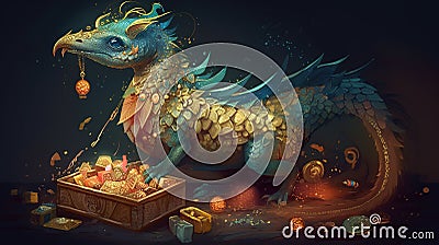 Mythical creature with a treasure hoard. Fantasy concept , Illustration painting Stock Photo