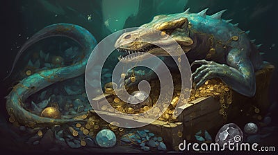 Mythical creature with a treasure hoard. Fantasy concept , Illustration painting Stock Photo