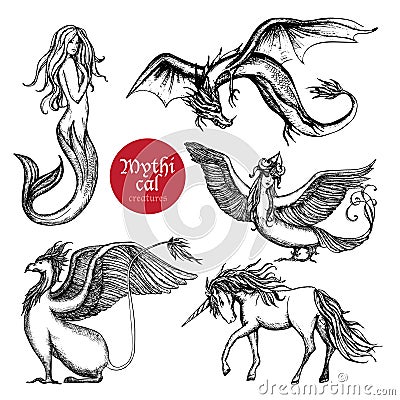 Mythical Creatures Hand Drawn Sketch Set Vector Illustration