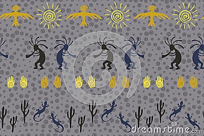 Mythical, design with lizard, Kokopelli fertility deity, sun, eagle, cacti Stock Photo