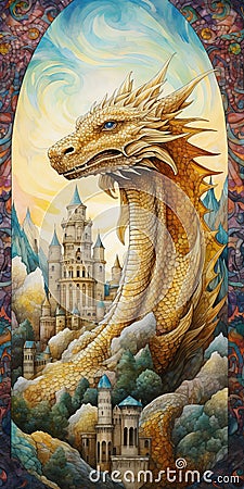 A mythical dragon encircling an ancient castle portrait Stock Photo