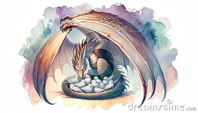 Mythical Dragon Tenderly Shields a Nest of Baby Doves Stock Photo