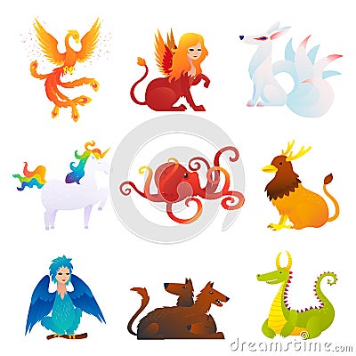 Mythical And Fantastic Creatures Set Vector Illustration