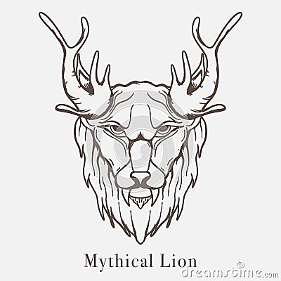 Mythical lion line art vector hand drawn illustration Vector Illustration