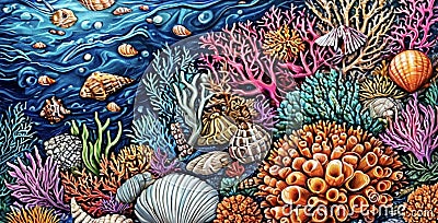 A mythical ocean reef of coral and algae, shells, intricate patterning. Artificial intelligence. Stock Photo