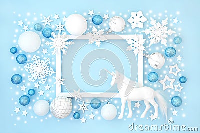 Mythical Unicorn Christmas North Pole Background Border Stock Photo