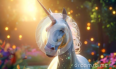 Inspiring dreamy digital illustration unicorn. AI generated illustration. Cartoon Illustration