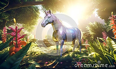 Mythical unicorn in nature. magical unicorn. inspiring digital illustration. generative ai Cartoon Illustration