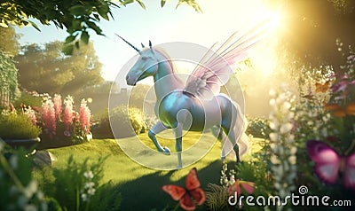 Mythical unicorn in nature. magical unicorn. inspiring digital illustration. generative ai Cartoon Illustration