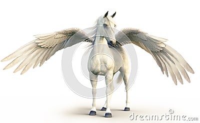 Mythical white Pegasus posing on white isolated background. Stock Photo