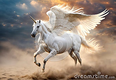 The mythical white Pegasus unicorn horse is running and preparing to fly Stock Photo