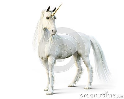 Mythical white Unicorn posing on a white background. Stock Photo