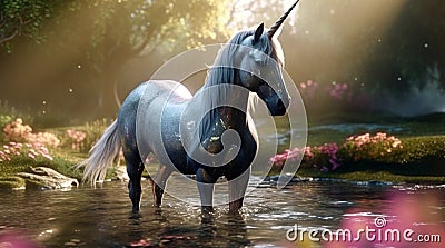 Mythical white Unicorn posing in an enchanted forest Stock Photo