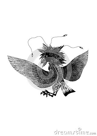 Mythological animal bird female Gamayun on white background, black silhouette. Stylized folk pagan drawing. Stock Photo