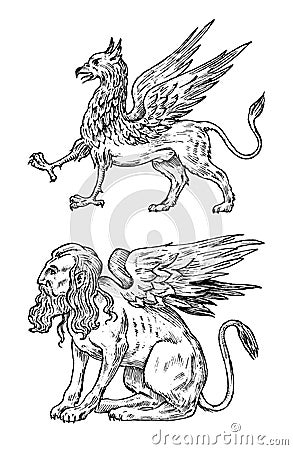 Mythological animals. Mythical Sphinx and antique Griffin. Ancient Birds, fantastic creatures in the old vintage style Vector Illustration