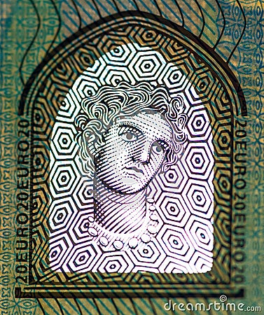 mythological figure of Europe represented on the 20 euro banknote as a security system. Stock Photo