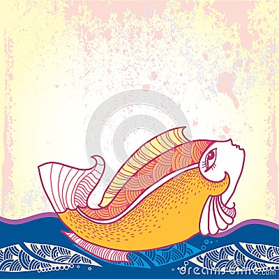 Mythological Goldfish floating on the waves. The series of mythological creatures Vector Illustration