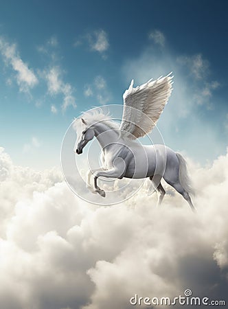 The mythological horse Pegasus, the patron saint of writers and poets, rides in the clouds in the sunlight bringing good luck to Stock Photo