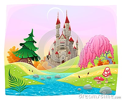 Mythological landscape with medieval castle. Vector Illustration