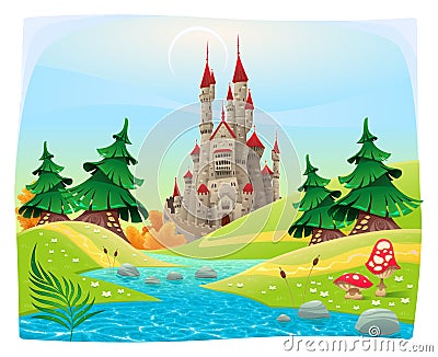 Mythological landscape with medieval castle. Vector Illustration