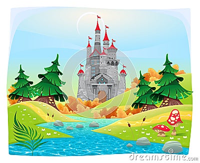 Mythological landscape with medieval castle. Vector Illustration