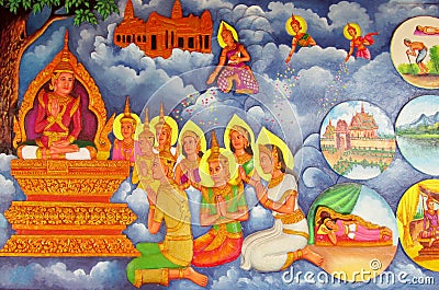 Mythological picture on the wall of asian temple Stock Photo