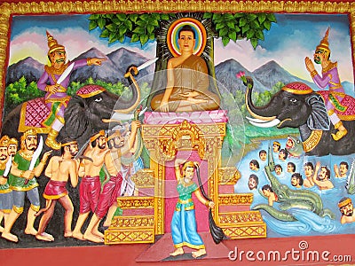 Mythological picture on the wall of asian temple Stock Photo