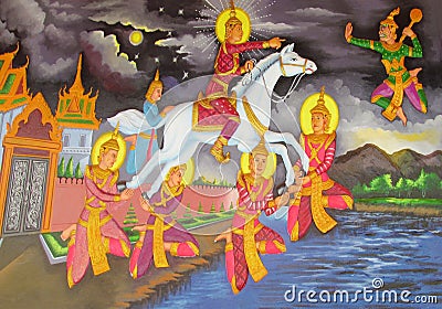 Mythological picture on the wall of asian temple Editorial Stock Photo