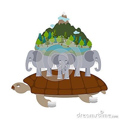 Mythological planet earth. turtle carrying elephants. Ancient re Vector Illustration