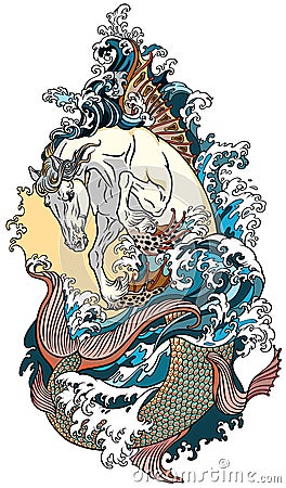 Mythological sea horse hippocampus Vector Illustration