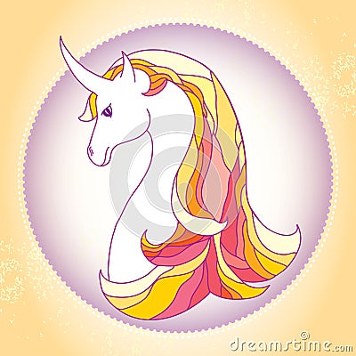 Mythological Unicorn in the round frame. The series of mythological creatures Vector Illustration