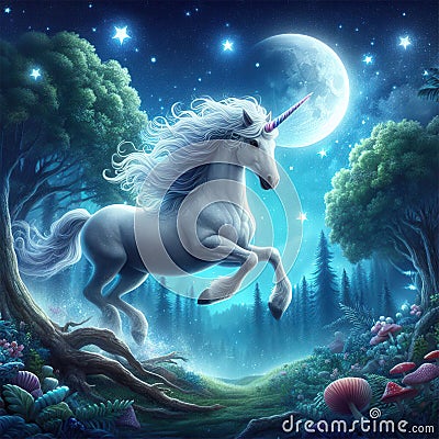 A mythological Unicorn runing into the night Stock Photo