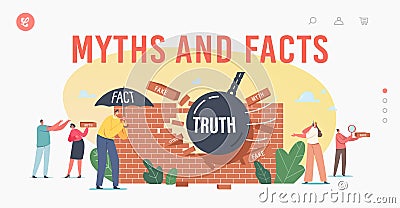 Myths and Facts Information Landing Page Template. Characters under Umbrella, Ball Demolishing Fake News Wall, Fiction Vector Illustration