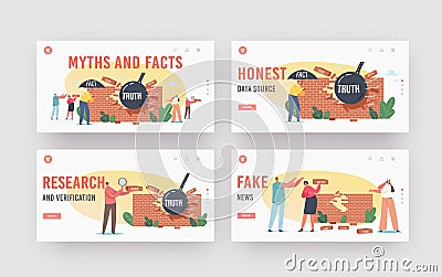 Myths and Facts Information Landing Page Template Set. Characters under Umbrella, Ball Demolishing Fake News Wall Vector Illustration