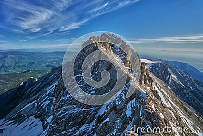 Mytikas, the highest peak of Mount Olympus at Greece Stock Photo
