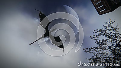 Mytologisk drake som flyger över en medeltida bylängd i fot räknat Mytologisk drake som flyger över en medeltida bylängd i fot räknat