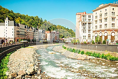 View of the embankment of river Mzymta in Rosa Khutor Stock Photo