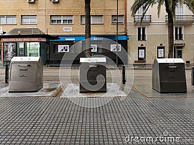 MÃ¡laga, Spain - February 22, 2021: View of trash cans os streets of Soho in MÃ¡laga Editorial Stock Photo