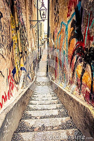 MÃ¥rten Trotzigs grÃ¤nd, narrowest alley of Stockholm, Sweden Stock Photo