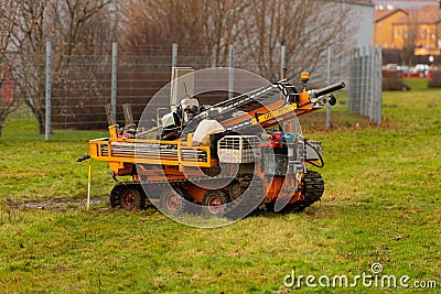 Geotech Georig 504 drilling rig in a small field.. Editorial Stock Photo