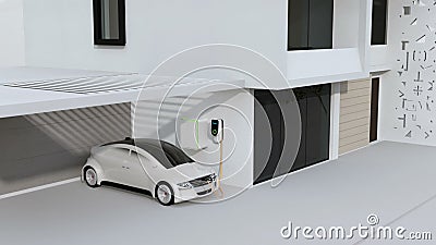 Mądrze dom zasilający panel słoneczny i silnikiem wiatrowym Elektryczny pojazd podładowywa w garażu ilustracja wektor Mądrze dom zasilający panel słoneczny i silnikiem wiatrowym Elektryczny pojazd podładowywa w garażu ilustracja wektor