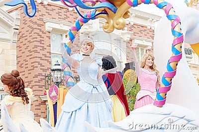 Princess characters of Walt Disney. Are shown in the parade at Hong Kong Disneyland Editorial Stock Photo
