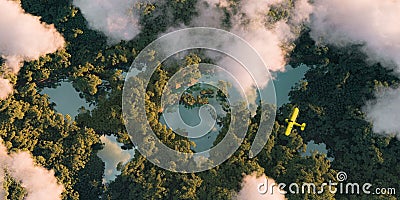 N with lakes in a shape of world continents, clouds and one small yellow airplane. Stock Photo