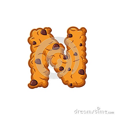 N letter cookies. Cookie font. Oatmeal biscuit alphabet symbol. Vector Illustration