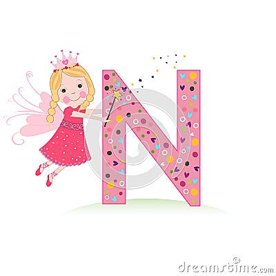 N letter with a cute fairy tale Vector Illustration