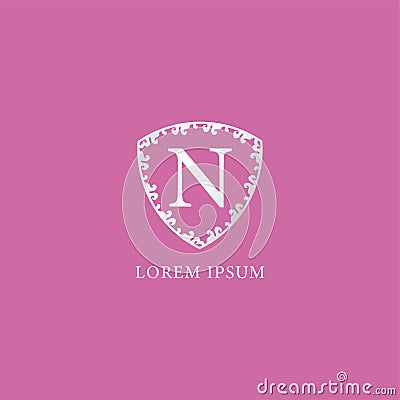 N Letter Intial logo design template. Luxury silver decorative floral shield illustration. Isolated on pink color background. Vector Illustration