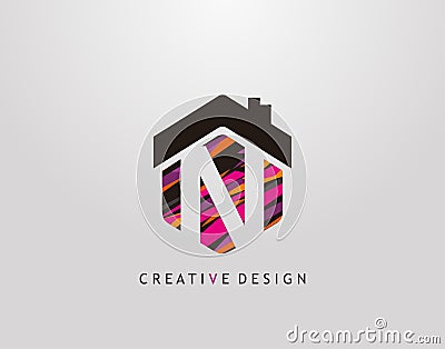 N Letter Logo. Creative hexagon house strip shape with negative space of letter N, Home Studio Icon Design Vector Illustration